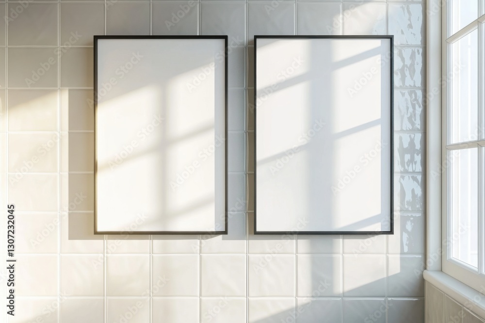 Poster blank canvas frames in a bright and airy bathroom with soft light filtering through a window
