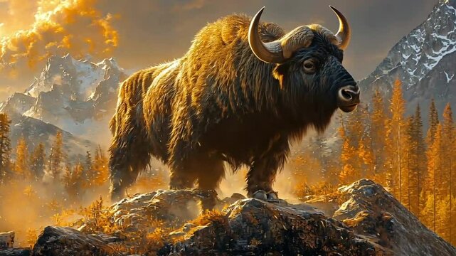 Majestic Aurochs in Autumnal Mountain Landscape