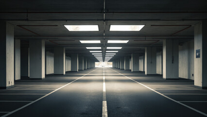 Modern Empty Concrete Parking Garage with Bright Lighting and Structural Design