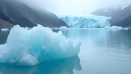 Majestic iceberg floating on a serene glacial lake surrounded by mountains on a foggy day.