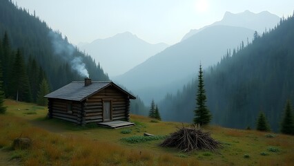 Idyllic Log Cabin in Misty Mountains Amidst Verdant Forests and Tranquil Wilderness Scenery