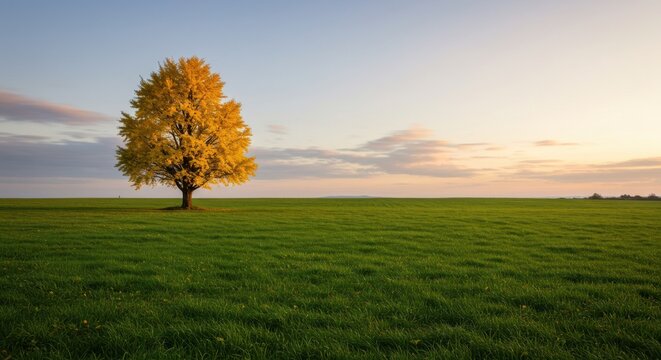 A solitary golden tree stands in a vast green field under a serene sky at dusk