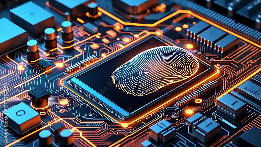 Poster advanced biometric fingerprint scanner on a high-tech circuit board with cybersecurity digital ident