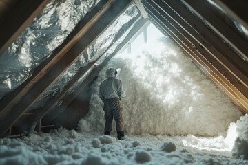 Roof insulation installation in attic, worker in protective suit.