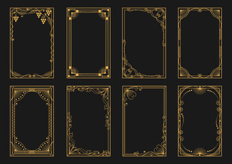 Golden art deco frames. Luxury decorative design elements. Geometric and plant parts. Modern card borders. Victorian ornament. Line gold framework. Floral flourish. Splendid vector set