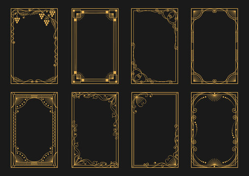 Golden art deco frames. Luxury decorative design elements. Geometric and plant parts. Modern card borders. Victorian ornament. Line gold framework. Floral flourish. Splendid vector set