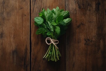 A collection of fresh peppermint herbs tied with twine, displayed on a rustic wooden board