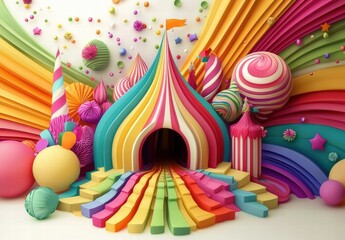 Stunning abstract 3D design featuring a vibrant rainbow carnival theme.
