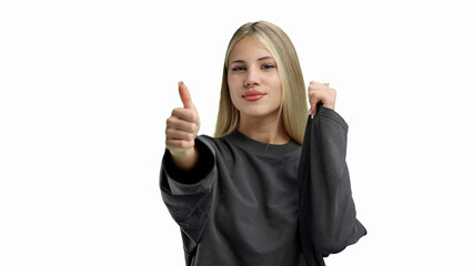 A woman, close-up, on a white background, shows her thumbs up