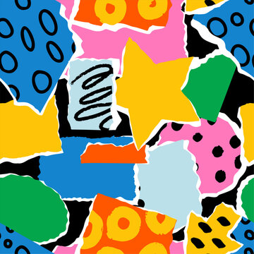 Naklejki Color paper cut pieces. Patterned parts of cardboard. Torn fragments. Scrapbooking collage shapes. Kids hobby and creativity. Abstract doodle stickers. Garish vector seamless background