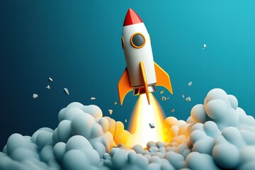 Captivating blue background highlights the rocket's powerful lift-off.