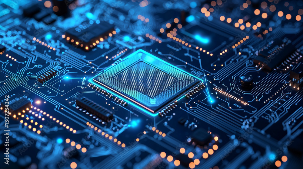 Poster closeup view of a modern computer circuit board with glowing blue processor data chip future design