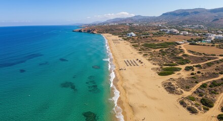 Aerial view of a serene beach with golden sand and turquoise waters under a clear sky