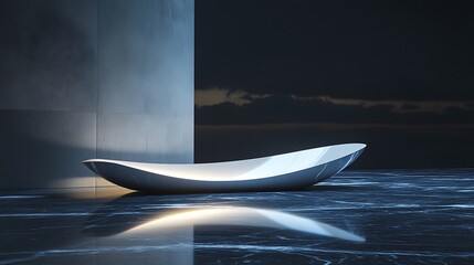 A sleek modern design boat shaped bathtub is shown in the space