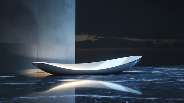 A sleek modern design boat shaped bathtub is shown in the space
