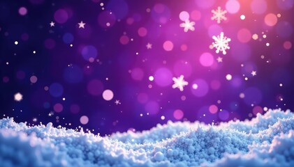 Fototapeta premium Sparkling, frosty snowflakes scattered on a vast purple Christmas background with twinkling stars, winter wonderland, frosty snow