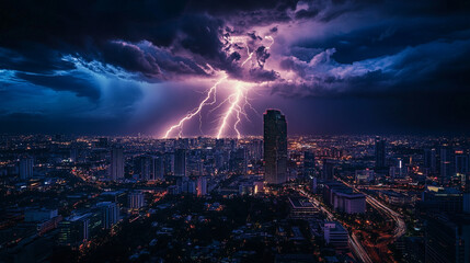 Dramatic night cityscape with intense lightning storm over buildings dark blue dark rain power urban