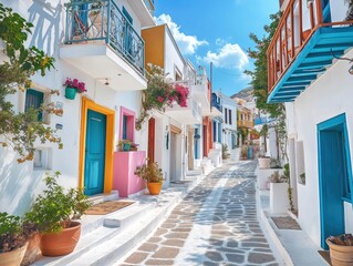 Obraz premium Sumptuous Summer Palette: High-Res Panorama of Pastel-Colored Greek Architecture under a Luminous Blue Sky.