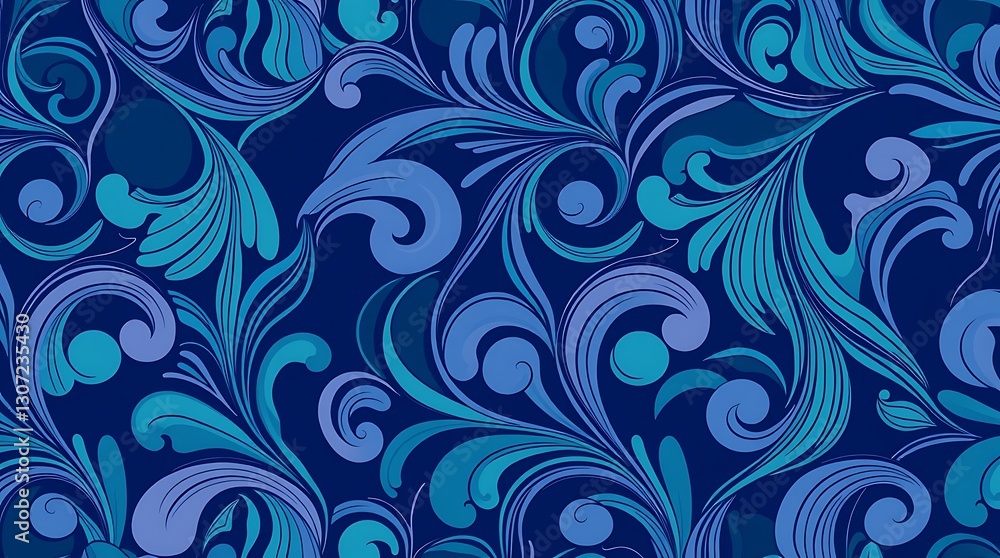 Poster swirls and serenity: a captivating display of intricate blue floral patterns forming a seamless, ele