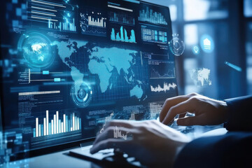 Businessman analyzing global business data on futuristic holographic interface