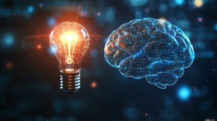 Fototapeta premium An illuminated light bulb and a digital representation of a brain