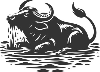 Buffalo rolling in mud, cooling itself animal vector silhouette
