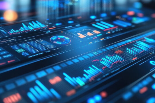 Futuristic Interface Displaying Complex Data Analysis and Financial Charts - Powered by Adobe