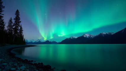 Majestic Aurora Borealis over Tranquil Lake and Mountains at Night