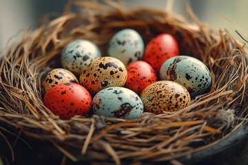 Obraz premium Easter eggs in a nesting box with quail eggs that are beautiful and decorative. The idea of celebrating Easter. Generative Ai