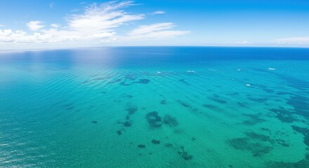 Obraz premium Aerial view of crystal-clear turquoise ocean with gentle waves and boats