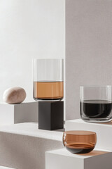 Still Life with Glassware Stone and Geometric Forms