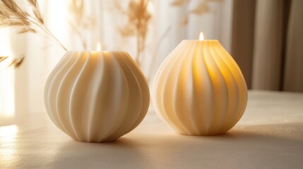 Elegant decorative candles on a soft table with warm lighting and natural elements