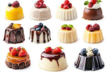 Delicious mini dessert panna cotta with berries and chocolate topping on white background