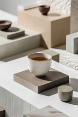 Serene Still Life Teacup on Minimalist Wooden Platform