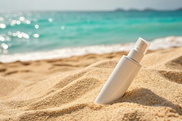 Sunscreen bottle in sandy beach setting with turquoise ocean background.