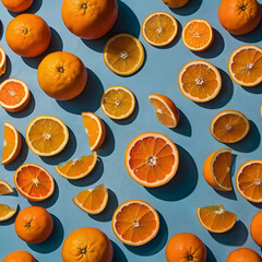 Many delicious-looking cut oranges are flying in the air. Blue sky background.