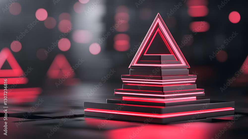 Aufkleber a digital geometric composition featuring layered red pyramids with glowing edges against a dark, ab