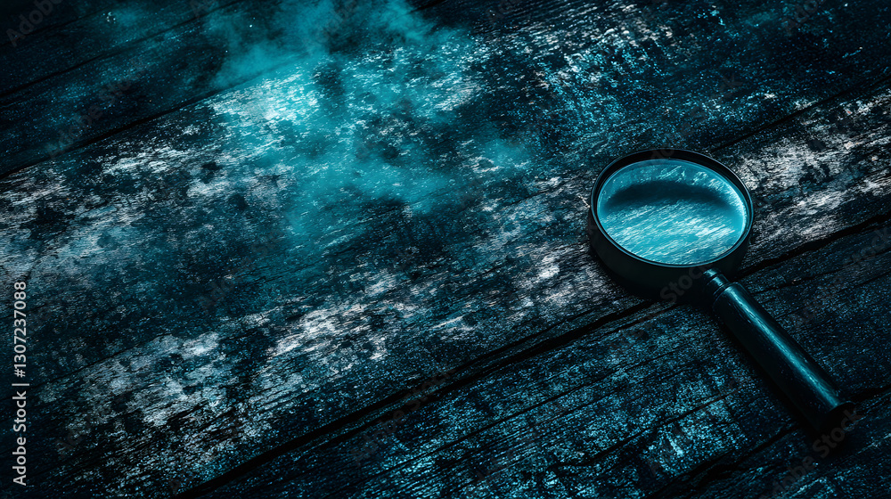 Poster a close-up view of a dark, textured surface with a magnifying glass, evoking mystery and exploration