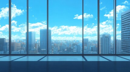 Fototapeta premium the expansive city view from a highrise window showcases a blend of architecture against a clear blue sky.