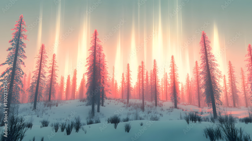 Poster a serene winter forest at dawn, illuminated by ethereal lights, creating a magical and tranquil atmo