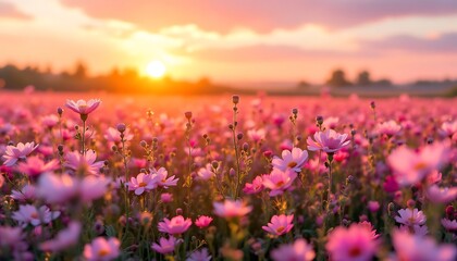 Blooming Cosmos Field at Sunset with Warm Light and Vibrant Colors