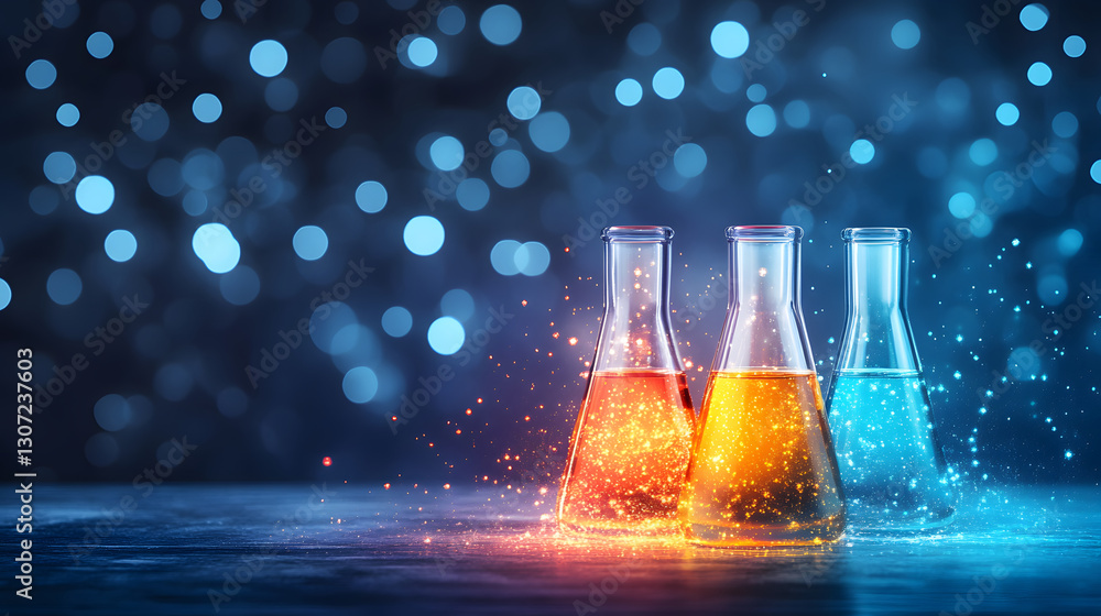 Poster vibrant flasks filled with colorful liquids sparkle against a blurred blue background, evoking theme