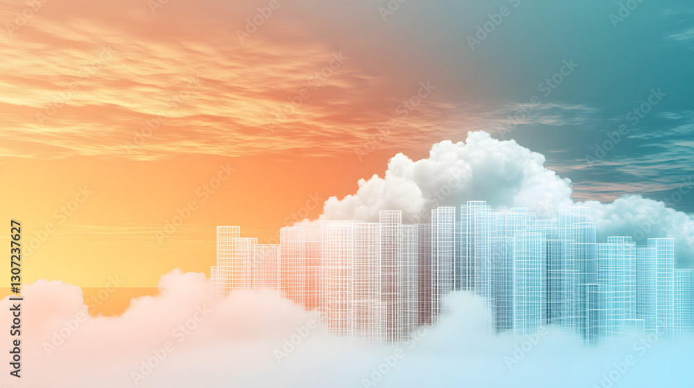 Poster a serene landscape blending futuristic city outlines with soft clouds under a gradient sky of warm o