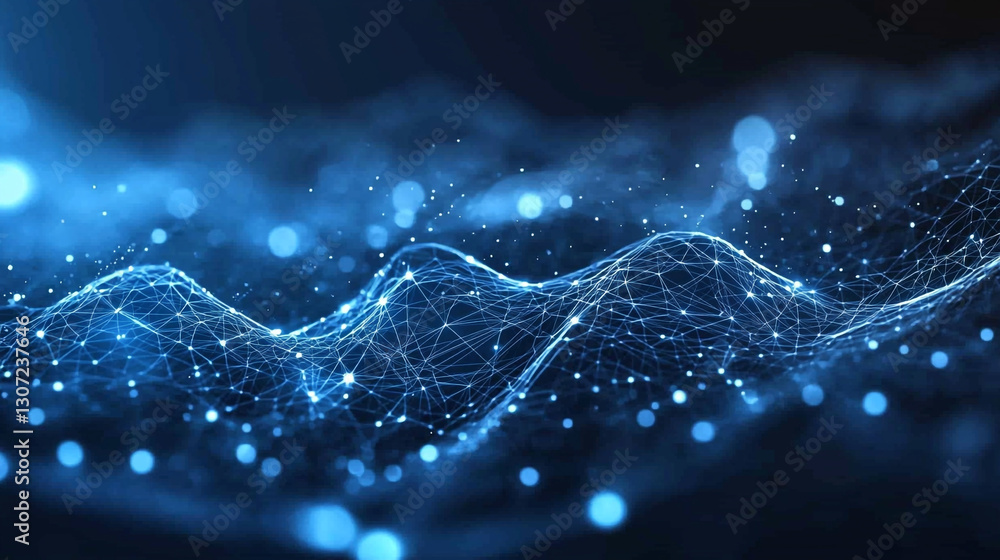 Poster abstract blue digital network data wave background illustration glow nodes lines cyber space light