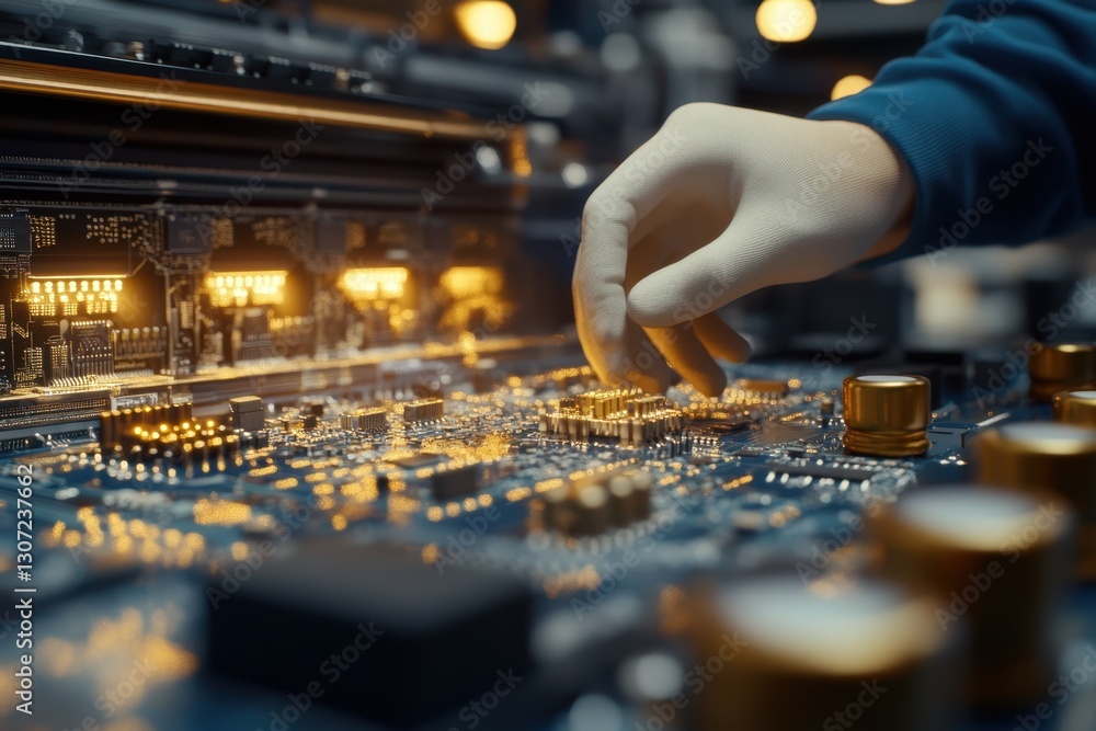 Aufkleber technician working on a circuit board in a laboratory during the evening hours