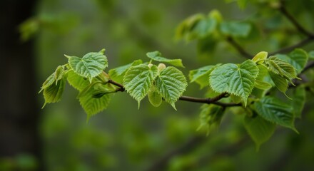 Fototapeta premium Fresh green leaves on a branch in a serene forest setting with soft light