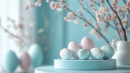Obraz premium Empty round podium with colorful Easter eggs, spring flowers, and blooming branches in the background. Festive Easter banner for product presentation, seasonal promotions, holiday displays. Copy space