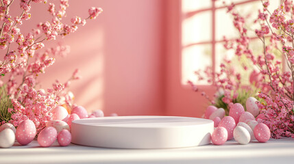 Empty round podium with colorful Easter eggs, spring flowers, and blooming branches in the background. Festive Easter banner for product presentation, seasonal promotions, holiday displays. Copy space