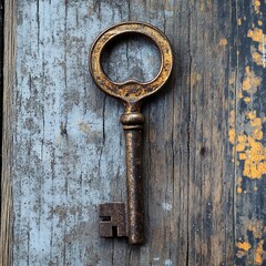 Antique Key on Rustic Wooden Background, Vintage Charm