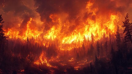 Naklejka premium A dramatic wildfire engulfs a forest, with towering flames and smoke illuminating the sky, showcasing the destructive power of nature.